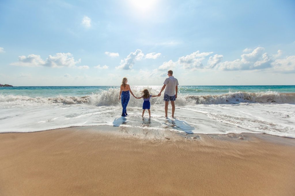 beach, family, fun, leisure, ocean, relaxation, sand, sea, seashore, sky, summer, sunny, vacation, water, wave, parenthood, nature, parents, child